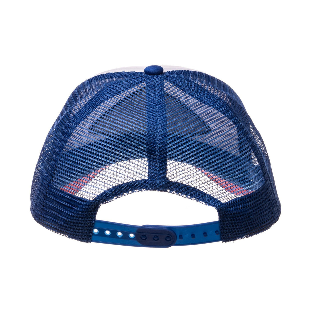Image of Red, Blue, and White Kids Trucker Hat with Knuckleheads Patch: A dynamic and stylish accessory designed for kids. Combining bold red, blue, and white hues, it showcases a striking Knuckleheads patch on the front. Elevate your child's style with this fashionable hat, perfect for adding a vibrant touch to their outfits. Crafted with care, this red, blue, and white kids trucker hat with the Knuckleheads patch is a must-have addition to their wardrobe, suitable for various occasions and everyday wear