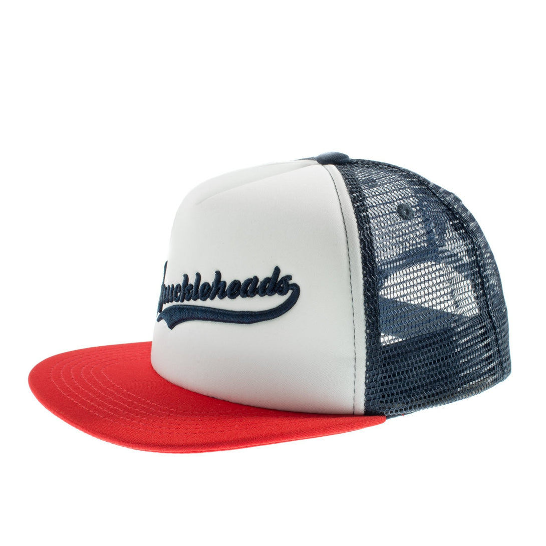 Image of Red, White, and Blue Kids Trucker Hat with Knuckleheads Patch: A patriotic and stylish accessory designed for kids. In vibrant red, white, and blue hues, it showcases a striking Knuckleheads patch on the front. Elevate your child's style with this fashionable hat, perfect for adding a touch of national pride to their outfits.