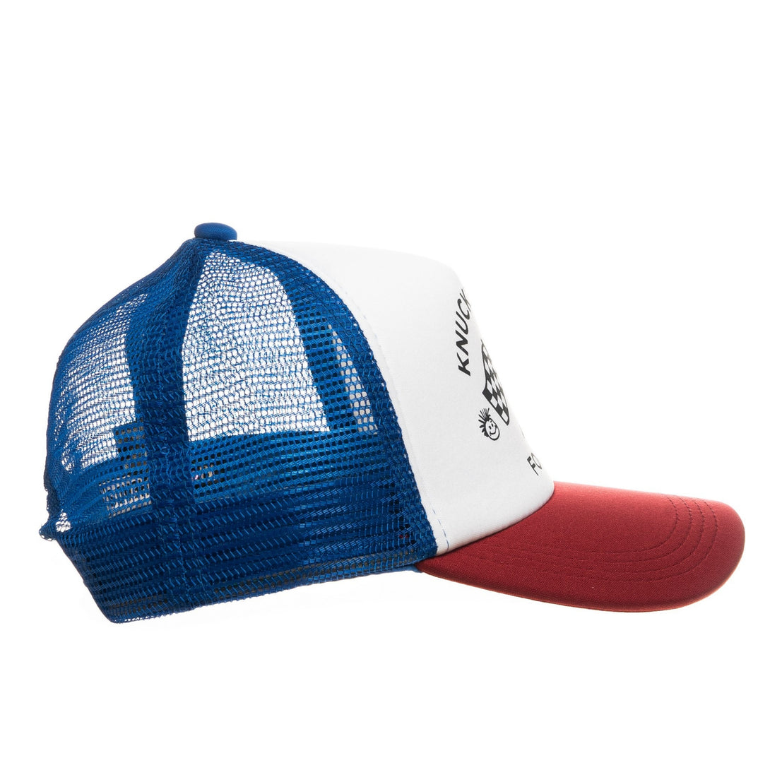 Image of Red, Blue, and White Kids Trucker Hat with Knuckleheads Patch: A vibrant and stylish accessory designed for kids. Combining bold red, blue, and white hues, it showcases a striking Knuckleheads patch on the front. Elevate your child's style with this fashionable hat, perfect for adding a pop of color to their outfits.
