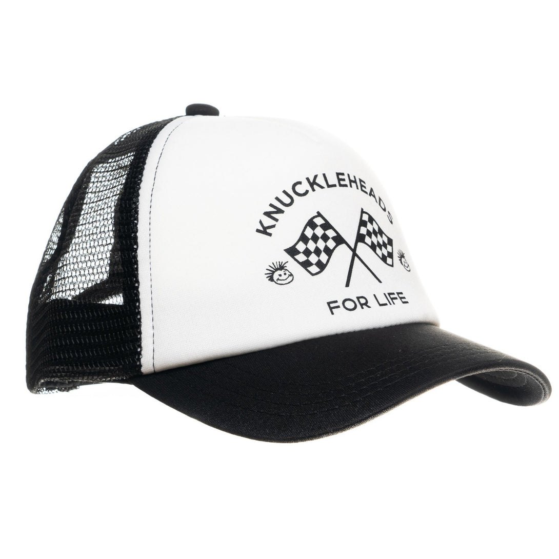 Image of White Kids Trucker Hat with Black Mesh and Knuckleheads Patch: A sleek and stylish accessory designed for kids. In fresh white with black mesh, it showcases a striking Knuckleheads patch on the front. Elevate your child's style with this fashionable hat, perfect for adding a touch of contrast to their outfits while ensuring breathability.
