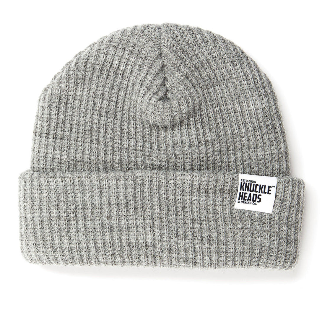 Image of Grey Kids Beanie with Knuckleheads Logo: A stylish and cozy accessory for kids. In a charming green color, it features the iconic Knuckleheads logo on the front. Elevate your child's style with this fashionable beanie, perfect for adding a touch of character to their outfits while keeping them warm.