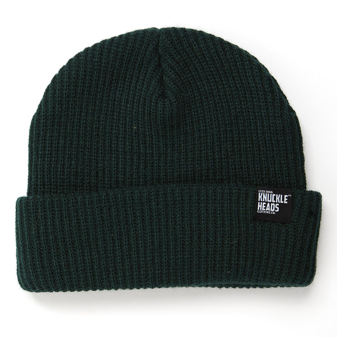 Image of Green Kids Beanie with Knuckleheads Logo: A stylish and cozy accessory for kids. In a charming green color, it features the iconic Knuckleheads logo on the front. Elevate your child's style with this fashionable beanie, perfect for adding a touch of character to their outfits while keeping them warm.