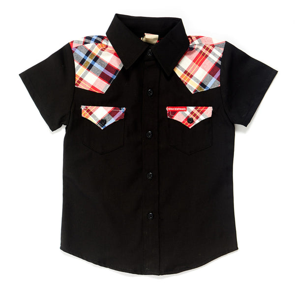 Knuckleheads Clothing Cash Red and Blue Plaid Button Down Short Sleeve Kids Boy Shirt