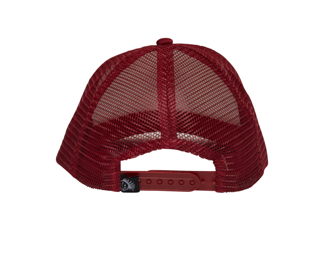 Image of Burgundy Kids Trucker Hat with California Republic Patch: A sophisticated and stylish accessory designed for kids. In rich burgundy, it showcases a captivating California Republic patch on the front. Elevate your child's style with this fashionable hat, perfect for expressing their allegiance to the Golden State.