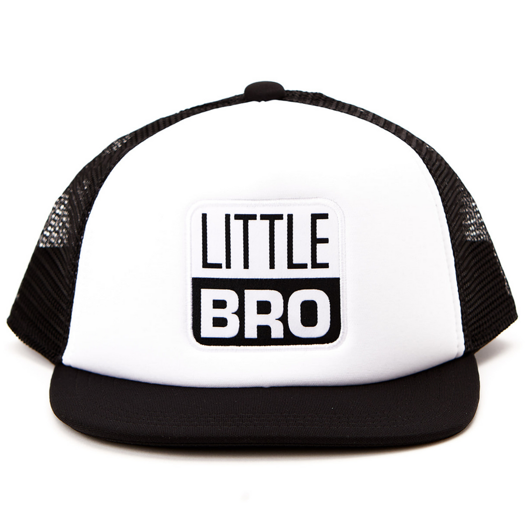Image of Black and White Kids Trucker Hat with 'Little Bro' Patch: A trendy and stylish accessory designed for kids. In a classic black and white combination, it features a charming 'Little Bro' patch on the front. Elevate your child's style with this fashionable hat, perfect for adding a touch of sibling flair to their outfits.