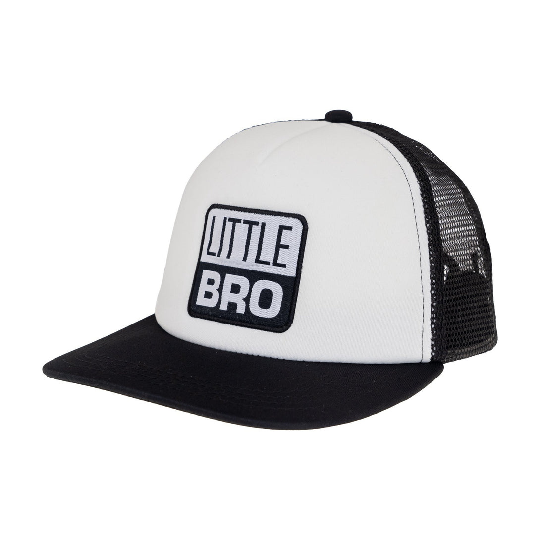 Image of Black and White Kids Trucker Hat with 'Little Bro' Patch: A trendy and stylish accessory designed for kids. In a classic black and white combination, it features a charming 'Little Bro' patch on the front. Elevate your child's style with this fashionable hat, perfect for adding a touch of sibling flair to their outfits.