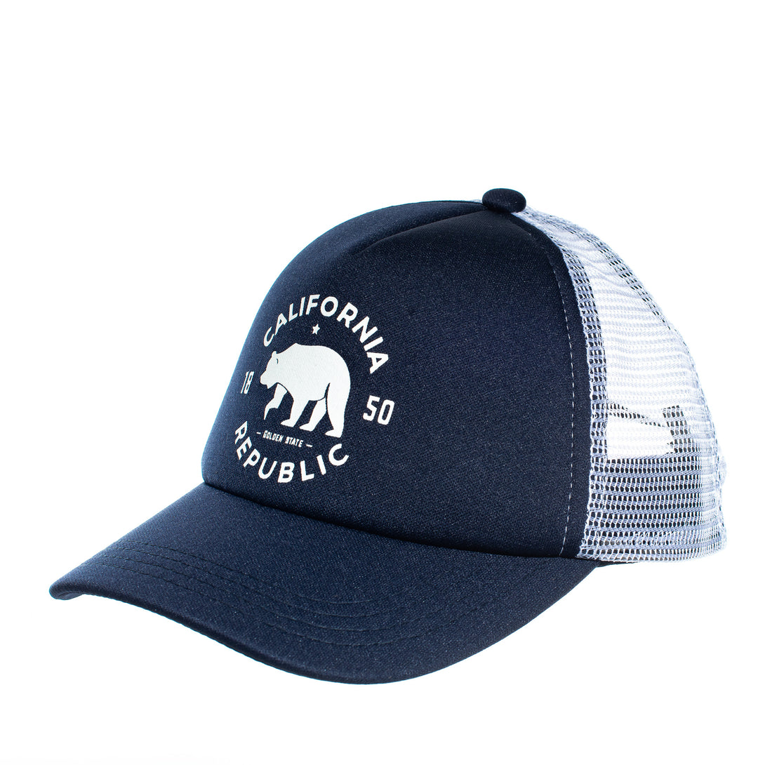 Image of Navy Kids Trucker Hat with California Republic Patch: A timeless and stylish accessory designed for kids. In classic navy, it features a captivating California Republic patch on the front. Elevate your child's style with this fashionable hat, perfect for showing their affection for the Golden State.