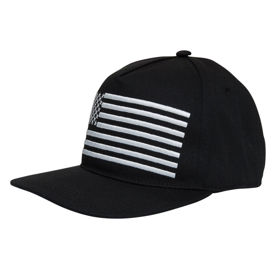 Image of Black Kids Trucker Hat with USA Flag Patch: A patriotic and stylish accessory designed for kids. In classic black, it features a prominent USA flag patch on the front. Elevate your child's style with this fashionable hat, perfect for adding a touch of national pride to their outfits. Crafted with care, this black kids trucker hat with the USA flag patch is a must-have addition to their wardrobe, suitable for various occasions and everyday wear.