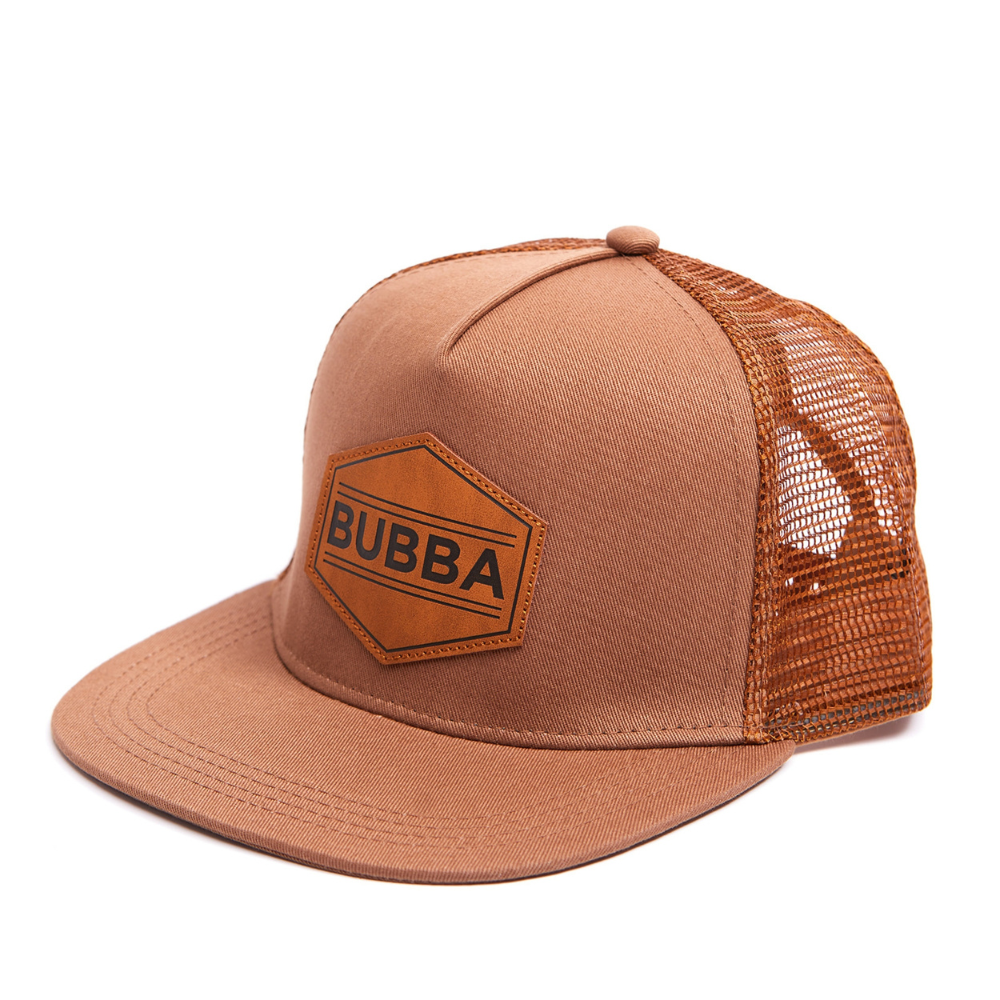 Introducing the Classic Kids Trucker Hat with 'Bubba' Patch and Sun Mesh: A versatile and practical accessory designed for kids. In a rich brown hue, it features a playful 'Bubba' patch on the front and sun mesh for added breathability. Elevate your child's style with this fashionable and comfortable hat, perfect for outdoor adventures and everyday wear. 