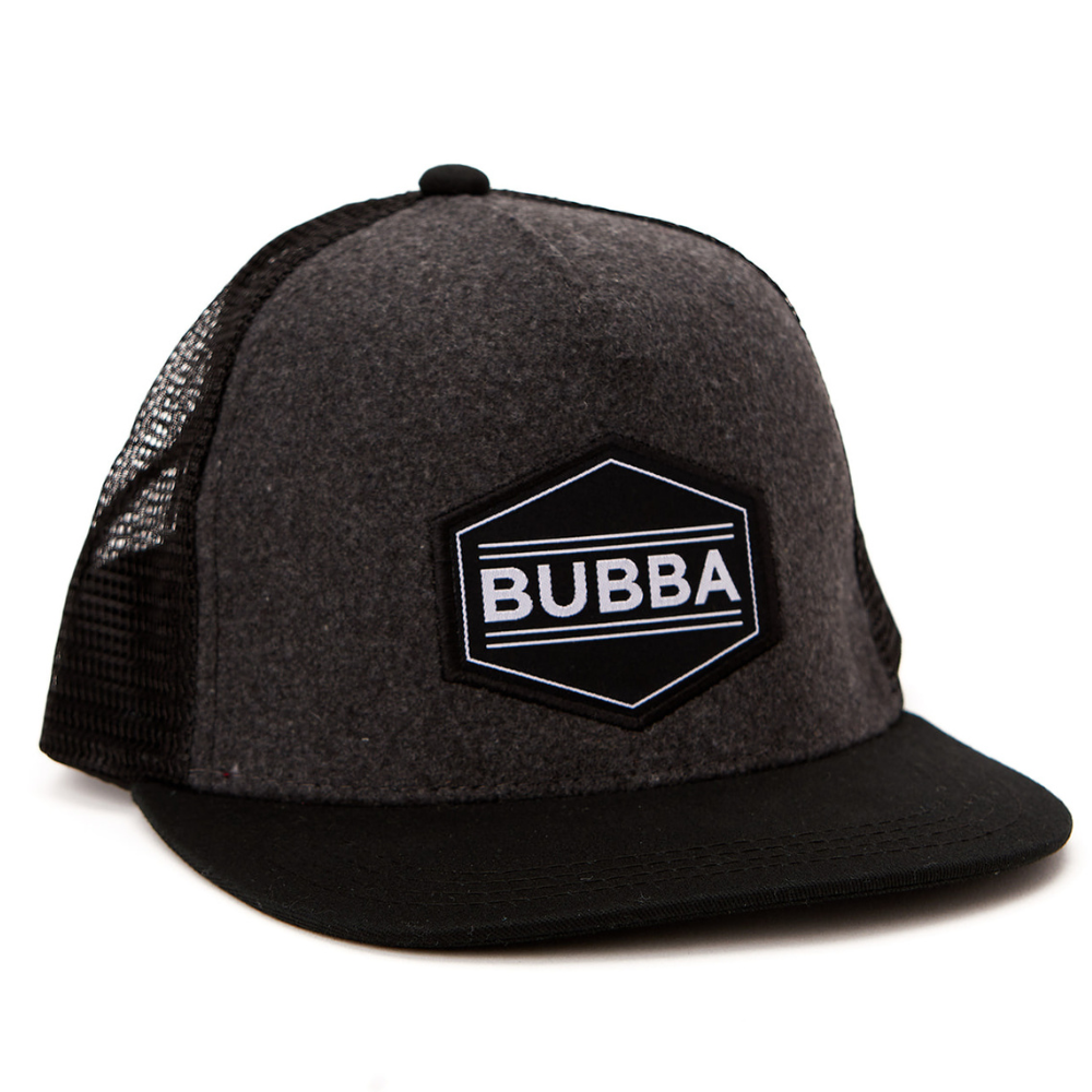Image of Black Kids Trucker Hat with 'Bubba' Patch: A sleek and stylish accessory designed for kids. In classic black, it features a playful 'Bubba' patch on the front. Elevate your child's style with this fashionable hat, perfect for adding a touch of character to their outfits. Crafted with care, this black kids trucker hat with the 'Bubba' patch is a must-have addition to their wardrobe, suitable for various occasions and everyday wear.