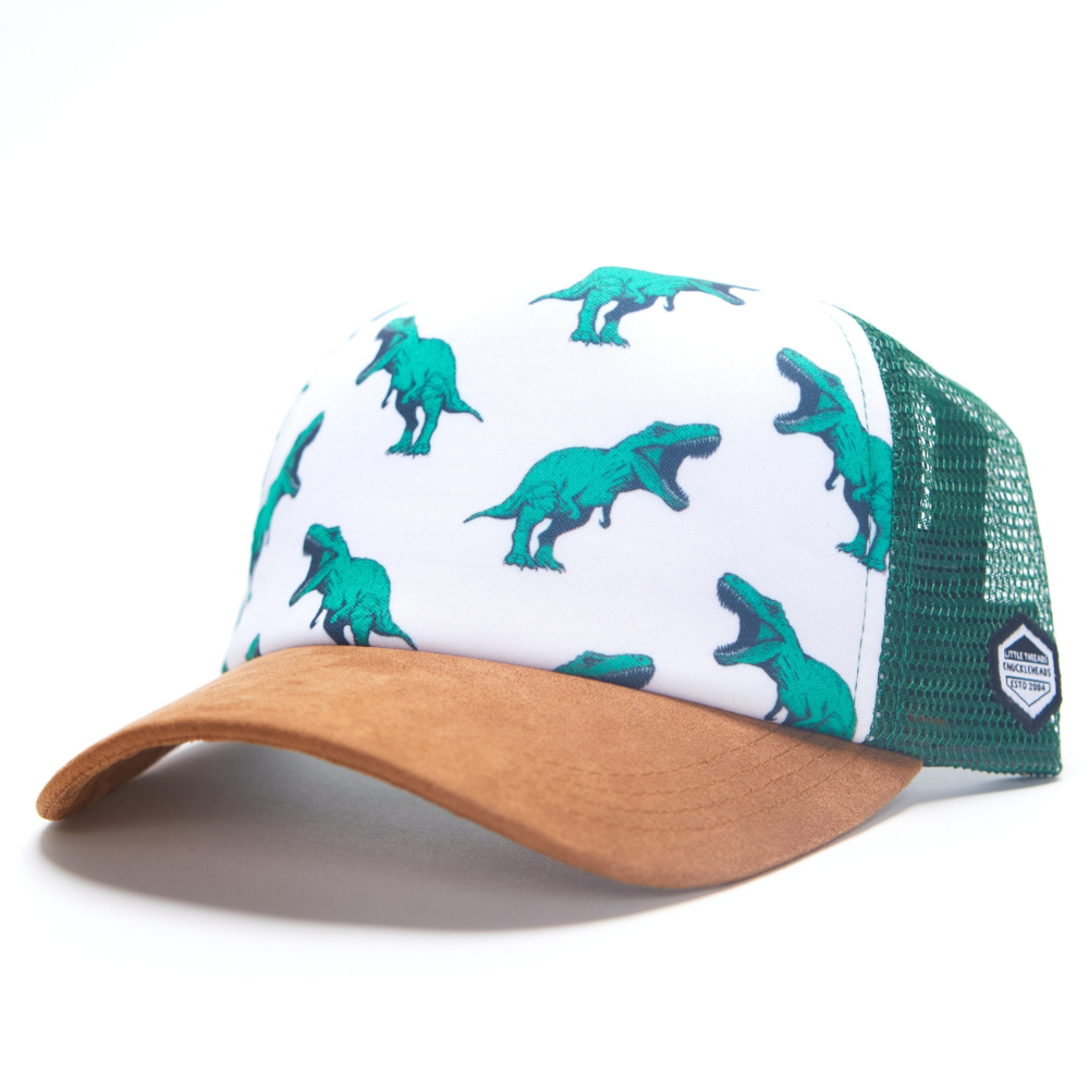 Image of Green Kids Trucker Hat with Dinosaurs Print: A playful and adventurous accessory designed for kids. In a vibrant green shade, it features a captivating dinosaurs print on the front. Elevate your child's style with this fun hat, perfect for adding a touch of prehistoric charm to their outfits. 