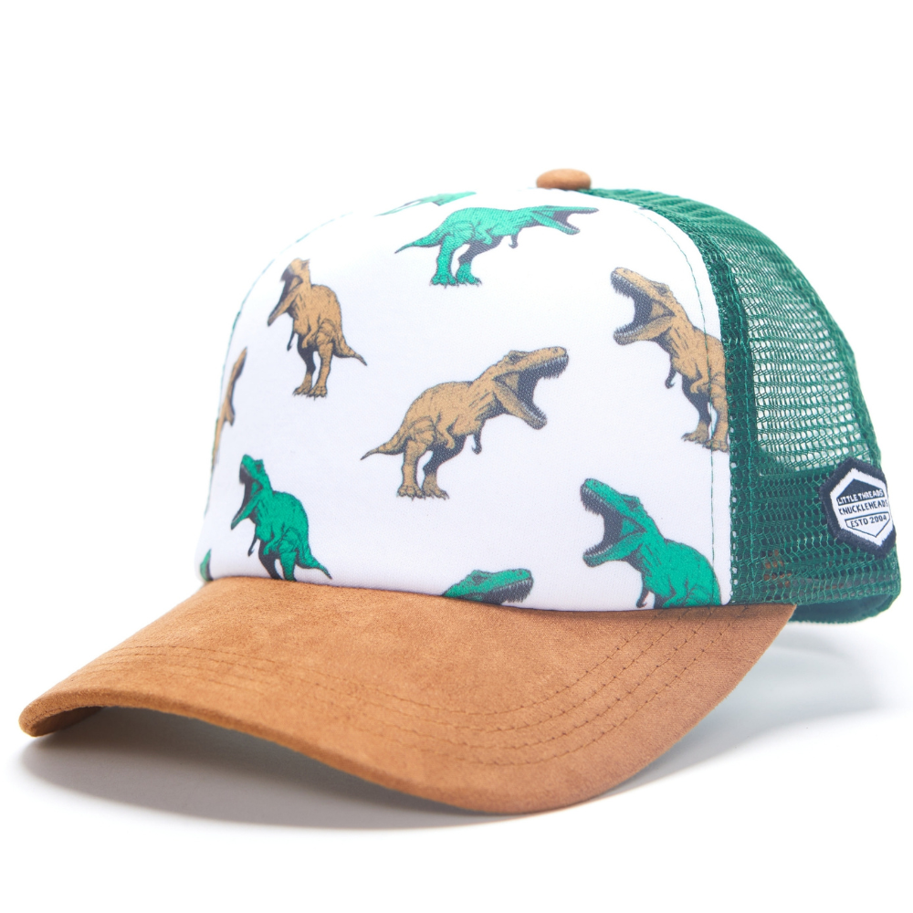 Image of Green Kids Trucker Hat with Dinosaurs Print: A playful and adventurous accessory designed for kids. In a vibrant green shade, it features a captivating dinosaurs print on the front. Elevate your child's style with this fun hat, perfect for adding a touch of prehistoric charm to their outfits. Crafted with care, this green kids trucker hat with dinosaurs print is a must-have addition to their wardrobe, suitable for various occasions and everyday wear.