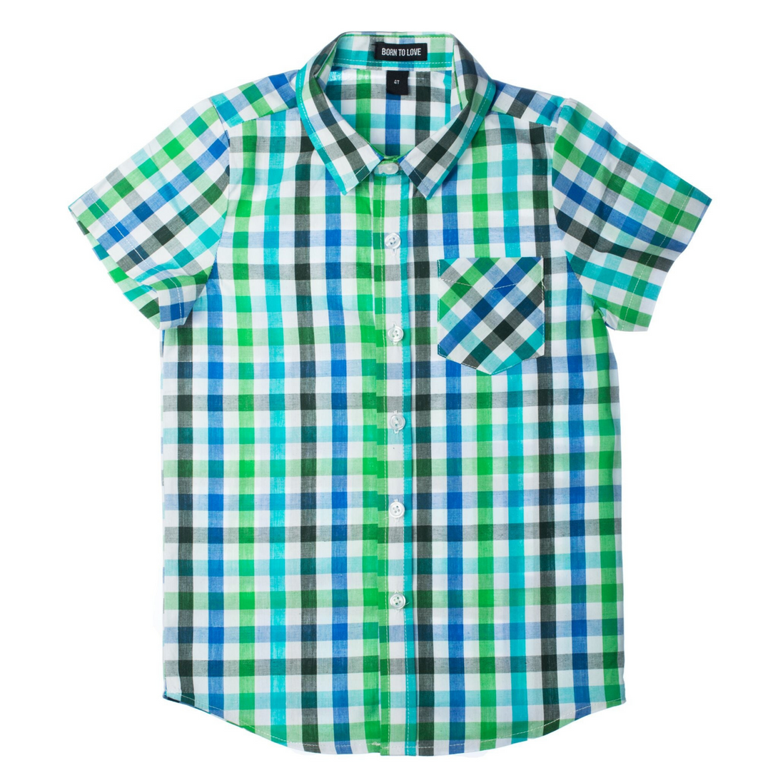 kids short sleeve blue and green button down shirt perfect for any occasion 