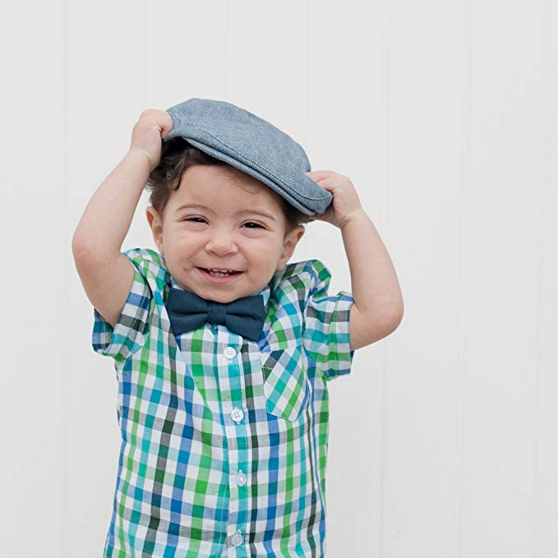 kids short sleeve blue and green button down shirt with navy bow tie adjustable perfect for any occasion 