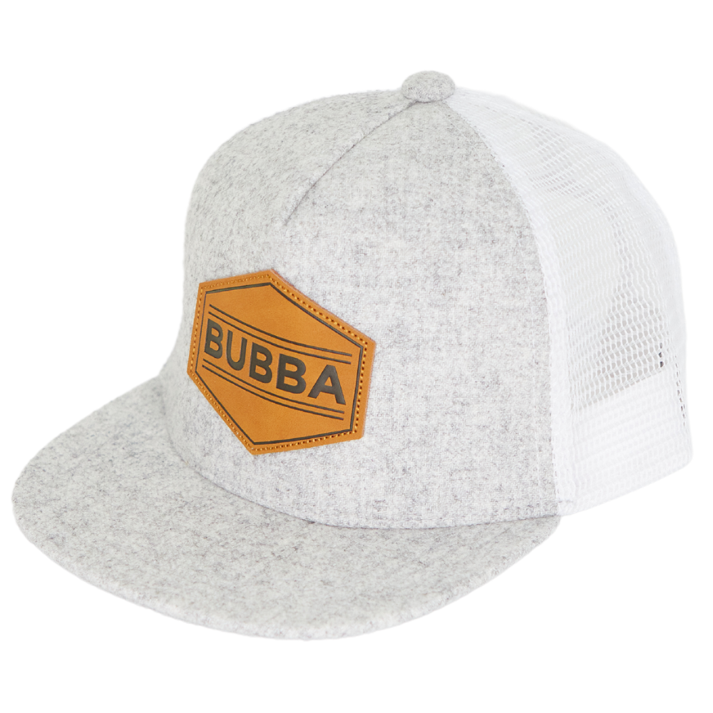 Presenting the Cool Kids Trucker Hat with 'Bubba' Patch and Sun Mesh: A trendy and practical accessory designed for kids. In a stylish grey hue, it features a fun 'Bubba' patch on the front and sun mesh for added breathability. Elevate your child's style with this fashionable and comfortable hat, perfect for outdoor adventures and everyday wear. 