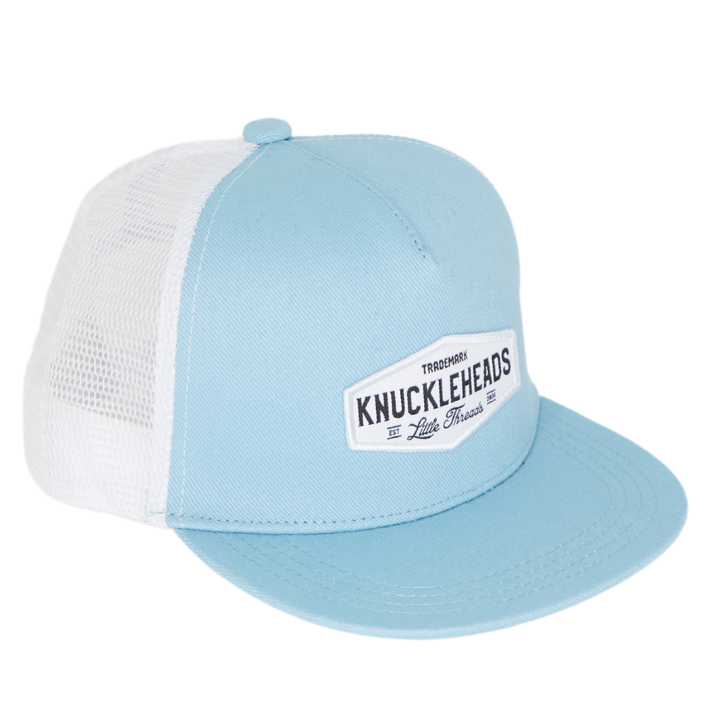 Image of Blue Kids Trucker Hat with White Mesh and Knuckleheads Patch: A stylish and practical accessory designed for kids. In a captivating blue hue with white mesh, it showcases a striking Knuckleheads patch on the front. Elevate your child's style with this fashionable hat, perfect for adding a pop of color to their outfits while ensuring breathability. 