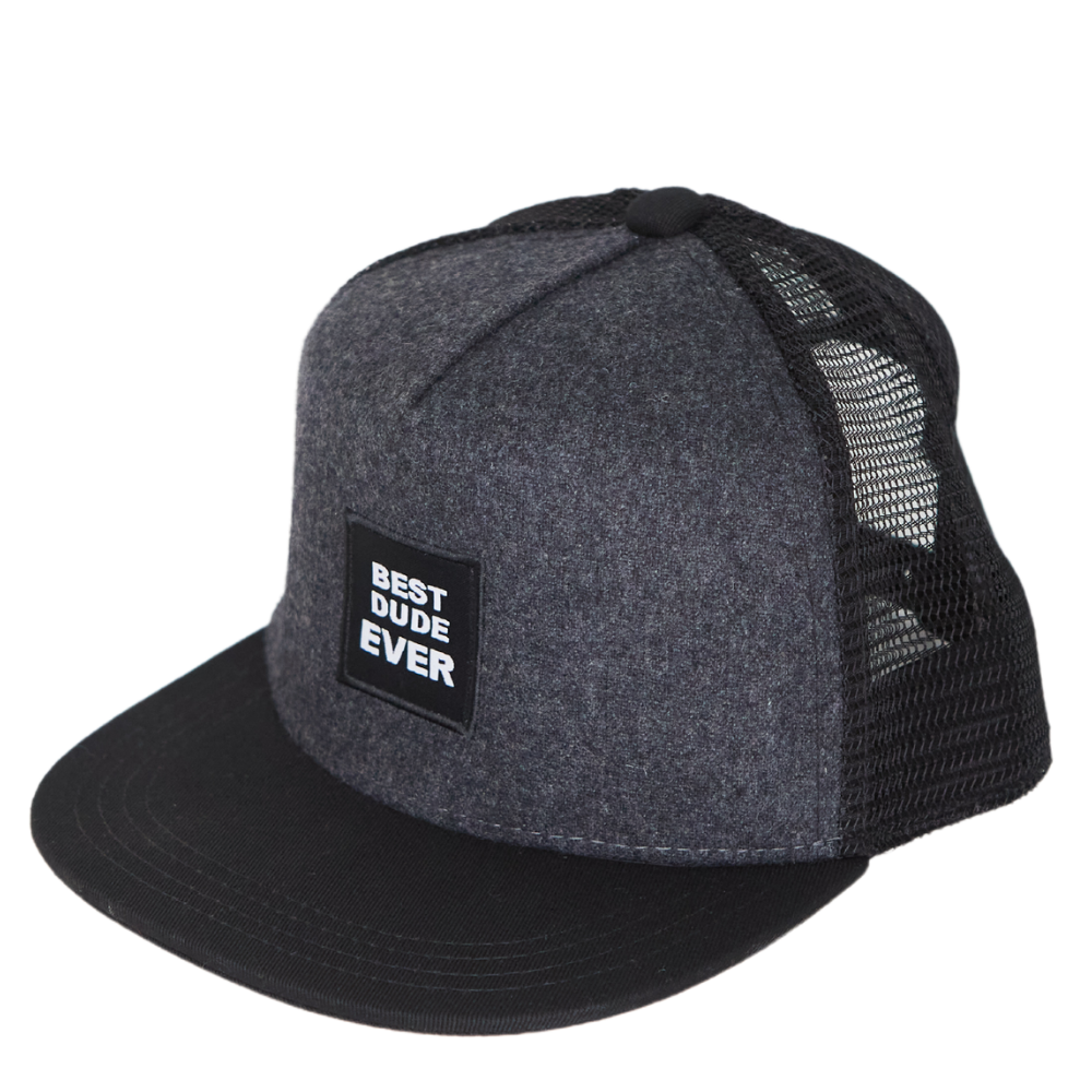 Image of Black Kids Trucker Hat with Sun Mesh and 'Best Dude Ever' Patch: A cool and comfortable trucker hat designed for kids. The hat comes in sleek black with sun mesh for breathability, featuring a fun 'Best Dude Ever' patch on the front. Elevate your child's style with this trendy and playful accessory, perfect for any adventure or everyday wear. Crafted with care, this black trucker hat with sun mesh and a 'Best Dude Ever' patch is a must-have addition to their wardrobe.