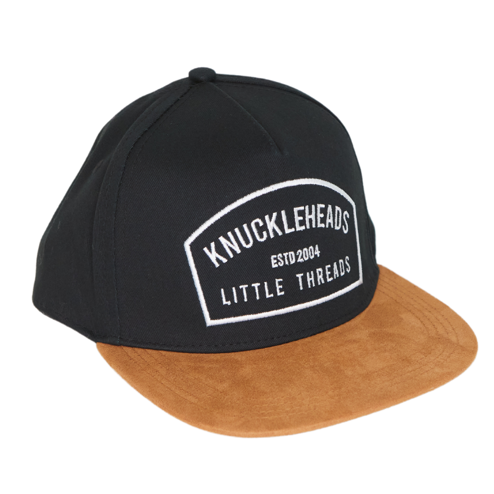 Image of Black with Brown Bill Kids Trucker Hat with Knuckleheads Patch: A cool and trendy trucker hat designed for kids. The hat features a stylish black crown and a brown bill, adorned with a striking Knuckleheads patch on the front. Elevate your child's style with this fashionable and comfortable accessory, perfect for any adventure or everyday wear. Crafted with care, this black with brown bill trucker hat with a Knuckleheads patch is a must-have addition to their wardrobe.