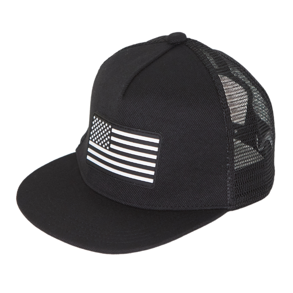 Image of Black USA Kids Trucker Hat with USA Flag Patch: A patriotic and stylish trucker hat designed for kids. The hat comes in sleek black, showcasing a striking USA flag patch on the front. Elevate your child's style while proudly displaying their American spirit. Perfect for outdoor adventures and everyday wear, this hat is a fashionable and bold addition to their wardrobe.