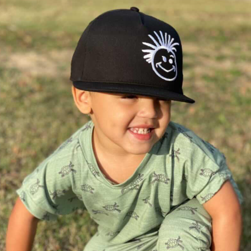 Image of Black Kids Trucker Hat with White Knuckleheads Patch: A trendy and stylish trucker hat designed for kids. The hat comes in sleek black, showcasing a striking white Knuckleheads patch on the front. Elevate your child's style with this fashionable and eye-catching accessory, perfect for any adventure or everyday wear. Crafted with care, this black trucker hat with white Knuckleheads patch is a must-have addition to their wardrobe.