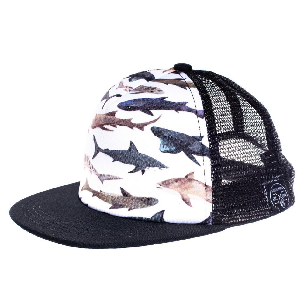 Image of Black and White Kids Trucker Hat with Shark Prints: A fierce and adventurous accessory designed for kids. In a classic black and white combination with black mesh, it features captivating shark prints on the front. Elevate your child's style with this fun hat, perfect for adding a touch of excitement to their outfits. 